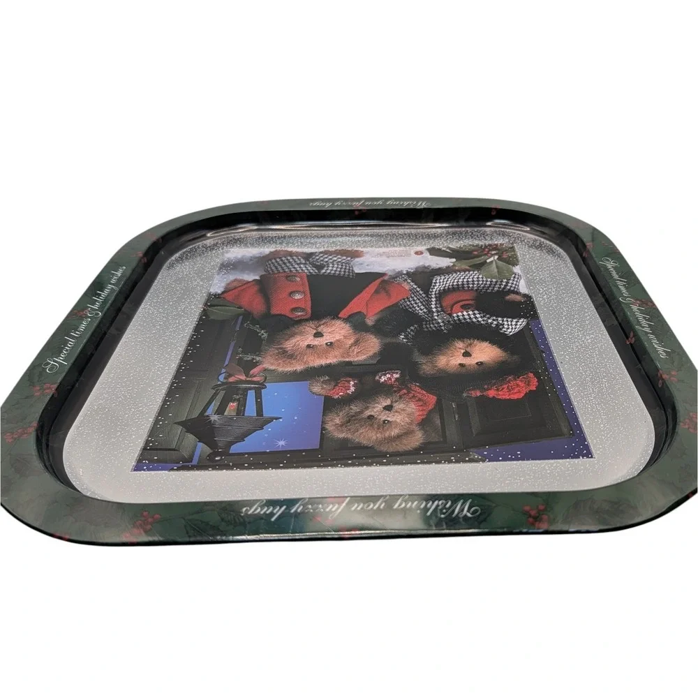 Boyds Bears Christmas Serving Tray Metal Wishing You‎ Fuzzy Hugs Vintage 90s SEE